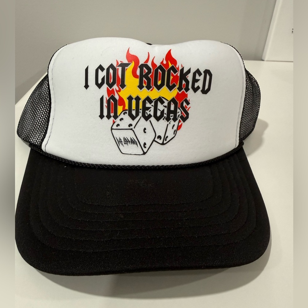 NEW Black & White Trucker Hat  "I Got Rocked in Vegas”Def Leppard